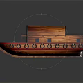 Wooden Boat With Wooden Hull Red Bottom Deck Railing And Round Windows Design