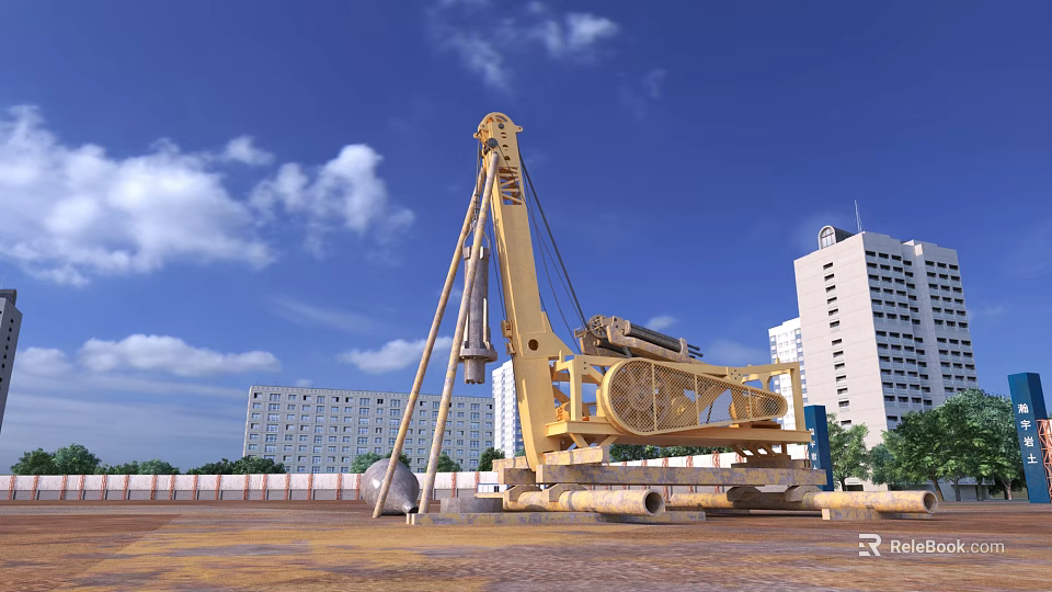 Construction Site With Yellow Pile Driver And High Rise Buildings Under Blue Sky 3d model 