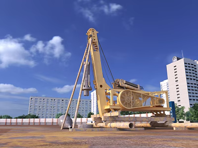 Construction Site With Yellow Pile Driver And High Rise Buildings Under Blue Sky 3d model