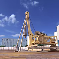 Construction Site With Yellow Pile Driver And High Rise Buildings Under Blue Sky