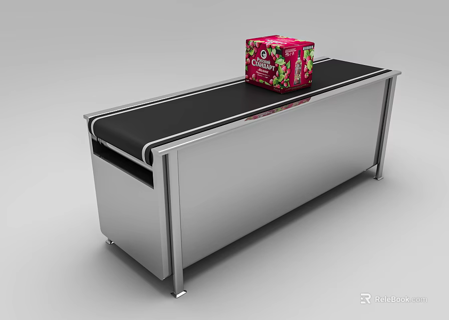 Industrial Conveyor Belt System With Metal Frame And Red Box On Black Surface 3d model 