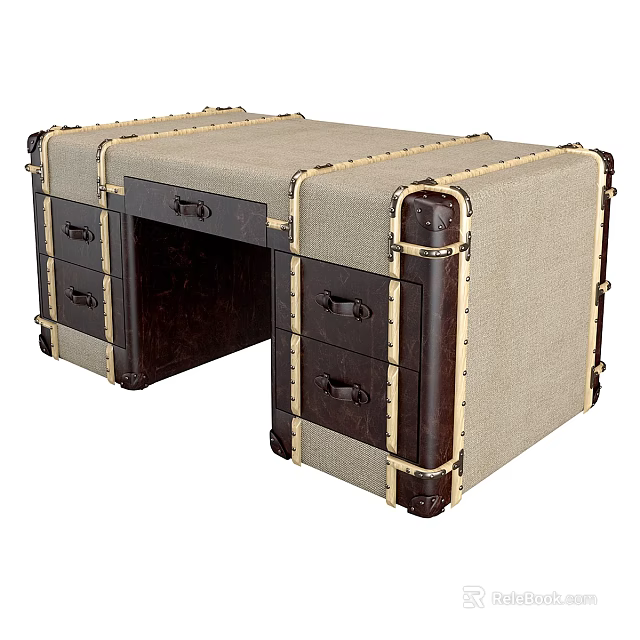Vintage Trunk Style Desk Featuring Canvas Leather Trim And Metal Rivets Drawers 3d model 