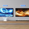 Two Wall Mounted TVs Displaying Blue Starry Sky and Orange Flowing Patterns on Wooden Console