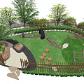 Wooden Fenced Garden With Green Lawn Trees Stone Pathway And Tire Decorations