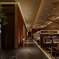 Elegant Modern Restaurant Interior With Wooden Screen Pendant Lights And Green Plants