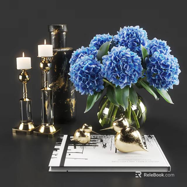 Elegant Decorative Ornament Combination With Blue Hydrangea Flowers Golden Candle Holders And Glass Vase 3d model 