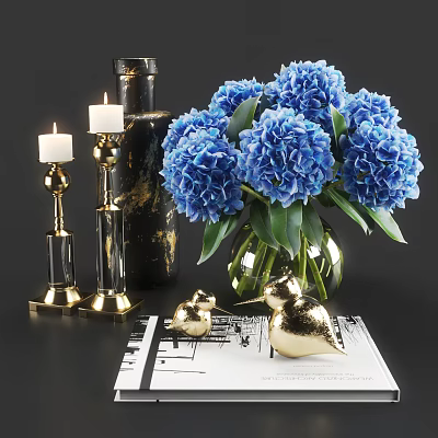 Elegant Decorative Ornament Combination With Blue Hydrangea Flowers Golden Candle Holders And Glass Vase 3d model
