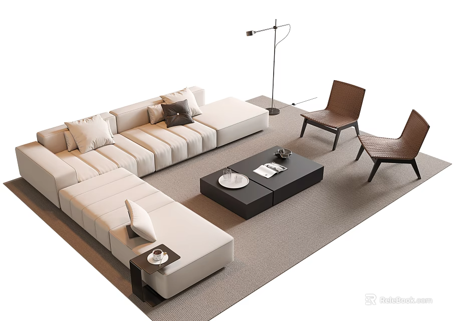 Modern L shaped Sofa Coffee Table Set With Cushions Brown Chairs Floor Lamp And Rug 3d model 