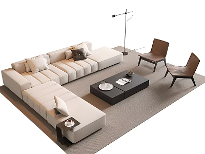 Modern L shaped Sofa Coffee Table Set With Cushions Brown Chairs Floor Lamp And Rug 3d model