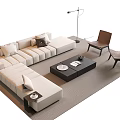 Modern L shaped Sofa Coffee Table Set With Cushions Brown Chairs Floor Lamp And Rug