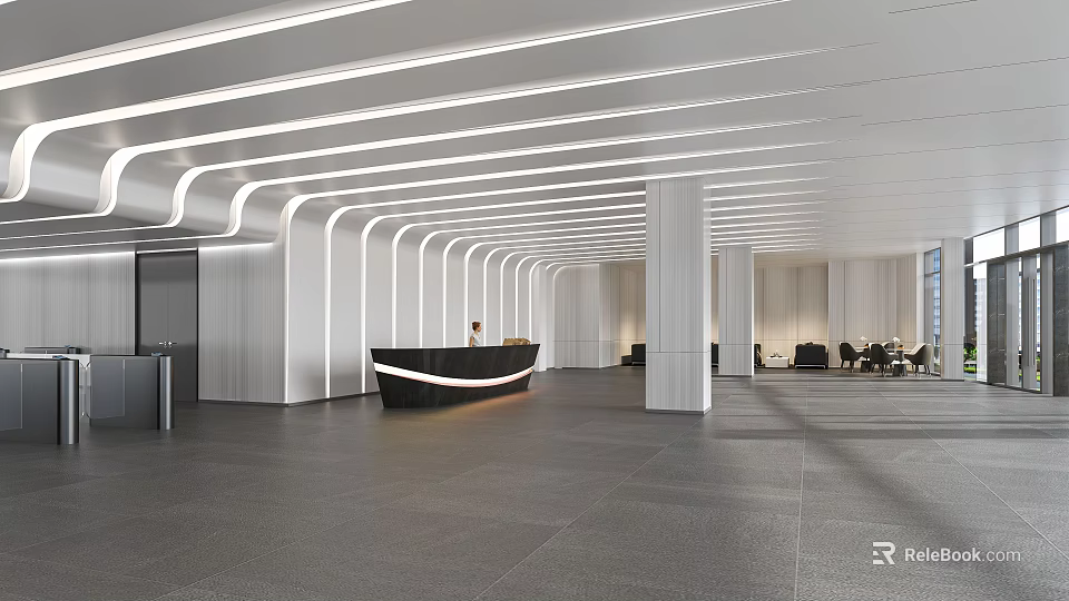 Modern Reception Desk in Contemporary Lobby Area With Curved Lighting And Columns Near Comfortable Sofas 3d model 