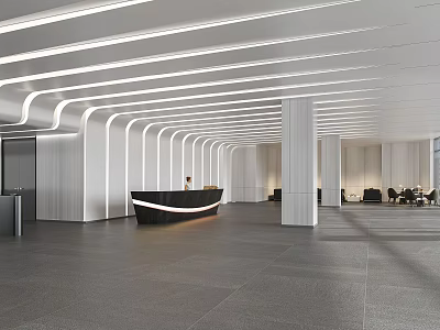 Modern Reception Desk in Contemporary Lobby Area With Curved Lighting And Columns Near Comfortable Sofas 3d model