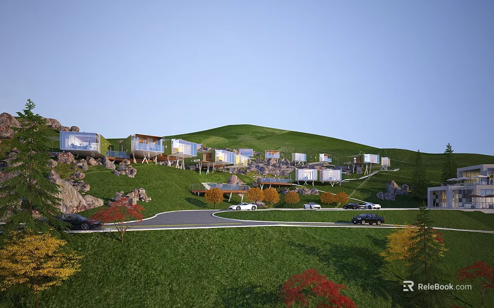 Boutique Hotel Buildings in Modern Style on Green Hillside with Grassland Trees and Scenic Views 3d model 