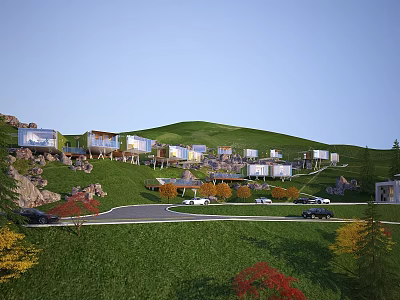 Boutique Hotel Buildings in Modern Style on Green Hillside with Grassland Trees and Scenic Views 3d model