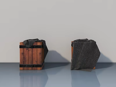 Brown Wooden Swing Door With Black Metal Straps Against White Wall And Blue Floor 3d model