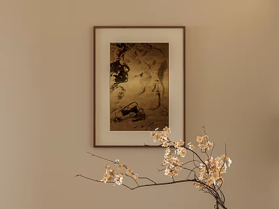 Brown Framed Abstract Painting on Beige Wall with Black Gold Elements and Beige Flower Branch 3d model