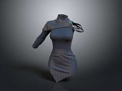 Stylish Gray High Neck Dress With Long Sleeves Metallic Ring Shoulder And Striped Hem 3d model