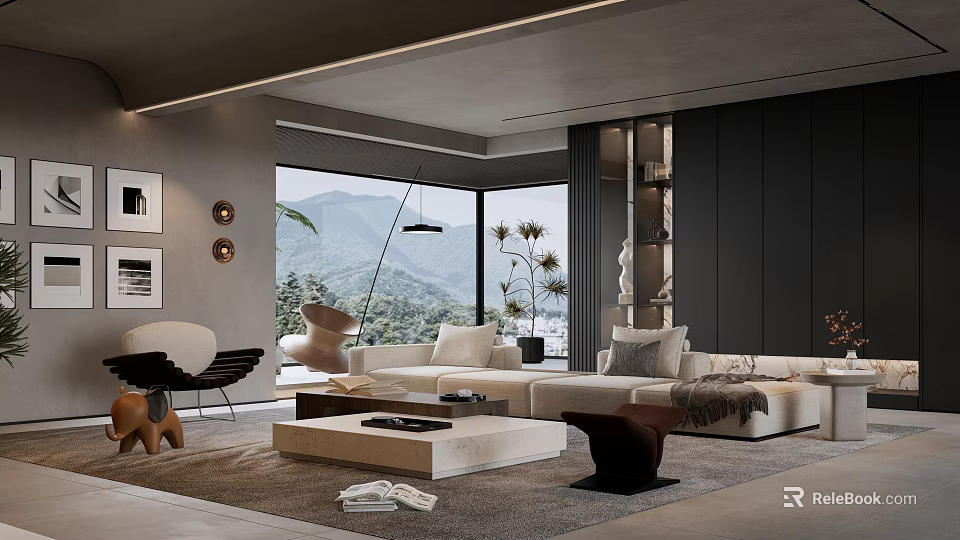 Modern Living Room Interior Design With White Sofa Large Window Mountain View And Coffee Table 3d model 