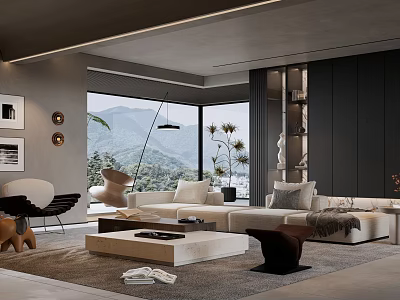 Modern Living Room Interior Design With White Sofa Large Window Mountain View And Coffee Table 3d model