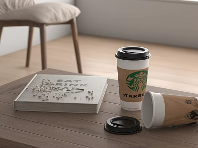 Starbucks Cup With Lid On Wooden Table Near Book And Dice In Indoor Setting 3d model