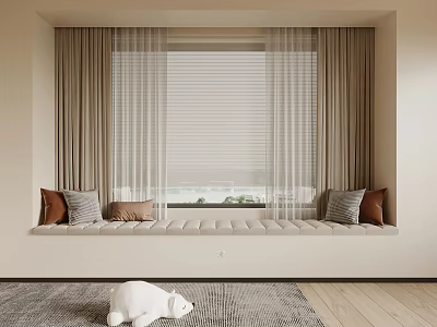 Modern Bay Window With Cushions Curtains Sheer Panels And View On Wooden Floor 3d model