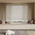 Modern Bay Window With Cushions Curtains Sheer Panels And View On Wooden Floor