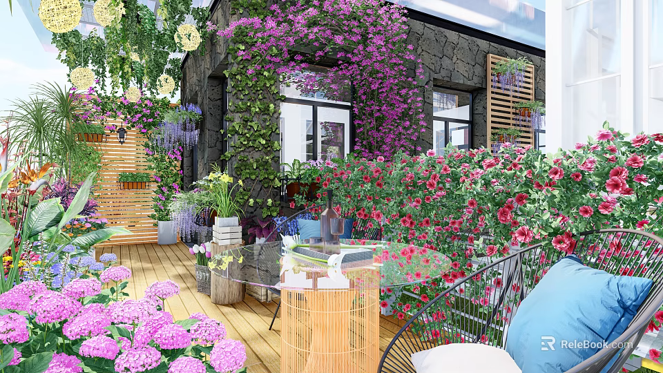 Rooftop Garden With Colorful Flowers Green Plant Walls Wooden Deck And Outdoor Seating 3d model 