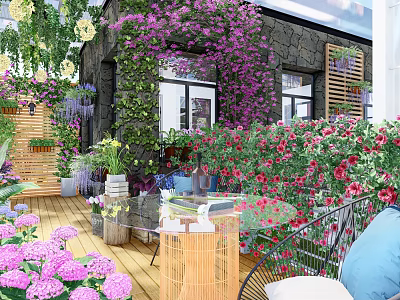 Rooftop Garden With Colorful Flowers Green Plant Walls Wooden Deck And Outdoor Seating 3d model