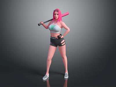 Game Movie Character With Pink Hair Holding Pink Baseball Bat In Tank Top And Black Shorts 3d model