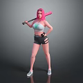 Game Movie Character With Pink Hair Holding Pink Baseball Bat In Tank Top And Black Shorts