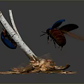 Blue Beetles One Flying And One Perched On White Branch With Dried Leaves Red Flowers