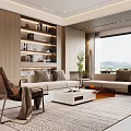 Modern Dining and Living Room Interior With Sofa Coffee Table Bookshelves And Floor to Ceiling Window