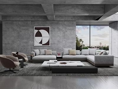 Contemporary Living Room Interior With Grey L shaped Sofa Beige Chairs Abstract Art Large Windows And City View 3d model
