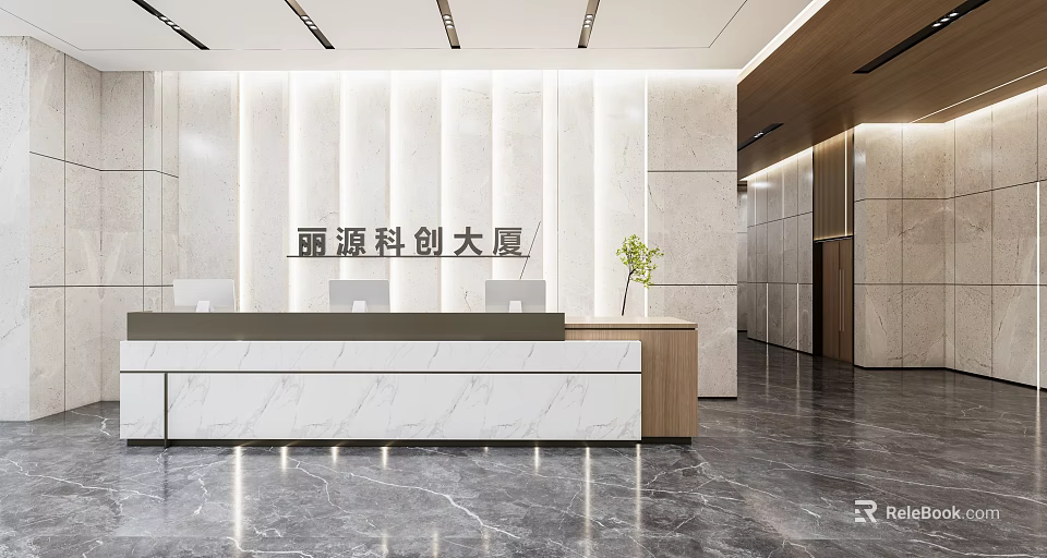 Modern Office Reception Desk With Marble Countertop And Light Panel Wall Decoration 3d model 