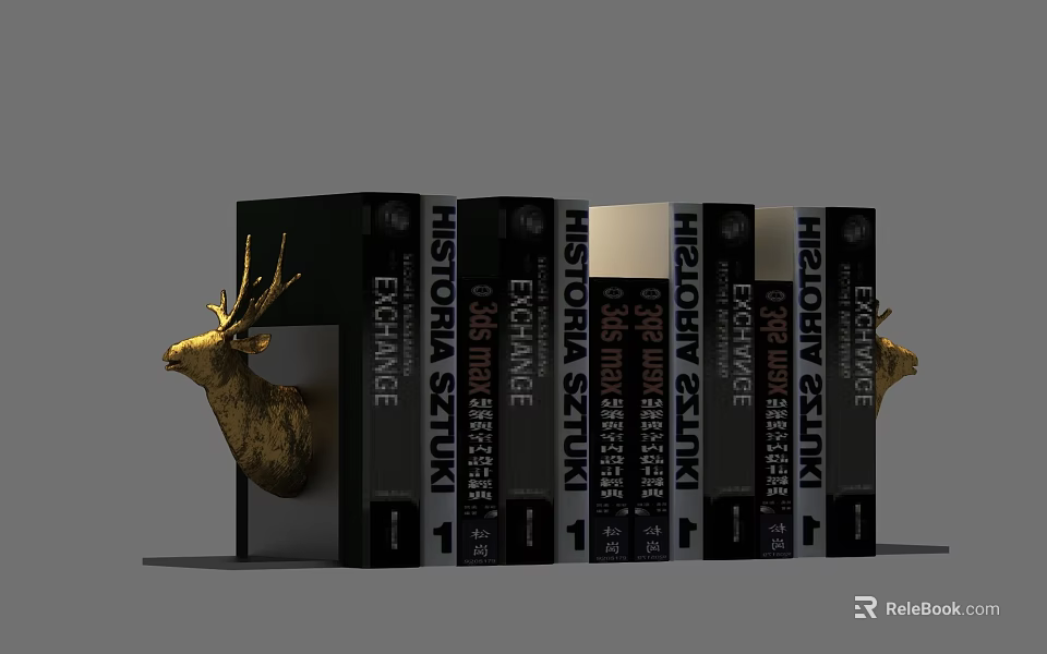 Historia Hardcover Book Collection With Decorative Golden Deer Head On Shelf 3d model 
