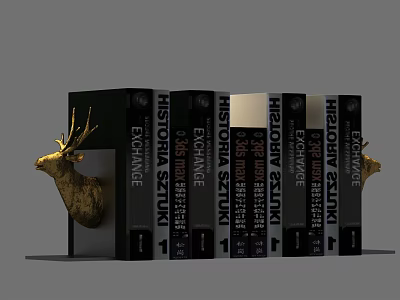 Historia Hardcover Book Collection With Decorative Golden Deer Head On Shelf 3d model