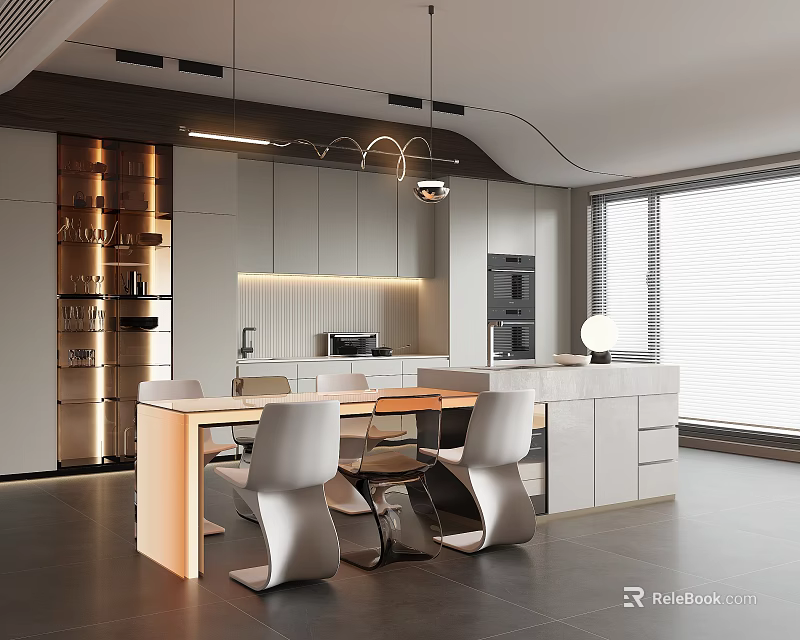 Modern Restaurant Interior Design With Open Layout Dining Table Chairs And Lighting 3d model