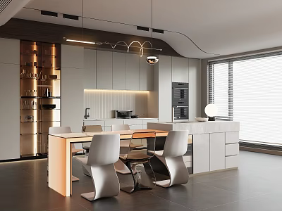 Modern Restaurant Interior Design With Open Layout Dining Table Chairs And Lighting 3d model