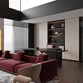 Modern Duplex Living Room Interior With High Ceiling Large Windows And Red Sofas 3d model