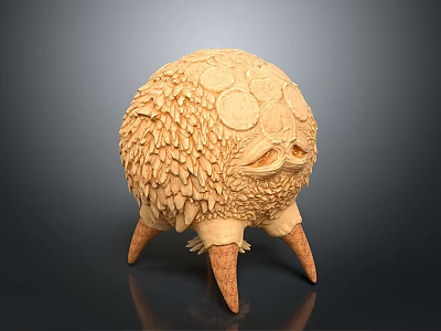 Wooden Mythical Creature Sculpture With Spherical Scaly Textured Surface Circular Protrusions Eye And Spiked Legs 3d model