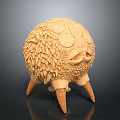 Wooden Mythical Creature Sculpture With Spherical Scaly Textured Surface Circular Protrusions Eye And Spiked Legs