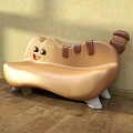 Cute Cat Shaped Public Chair With Smiling Face Striped Tail On Wooden Floor Yellow Wall
