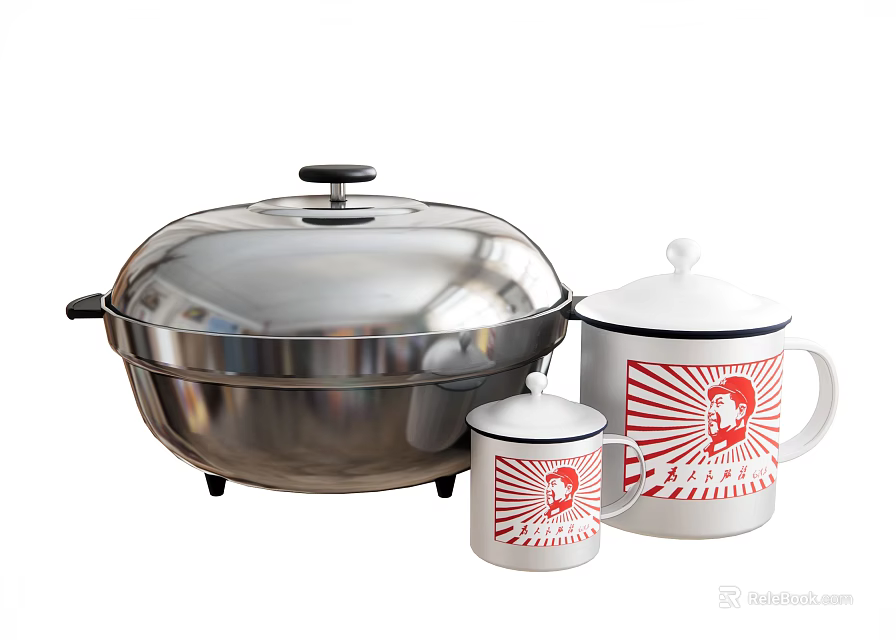Stainless Steel Steamer Pot and White Mugs with Red Graphic Design Kitchenware Set 3d model 