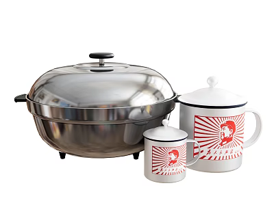 Stainless Steel Steamer Pot and White Mugs with Red Graphic Design Kitchenware Set 3d model