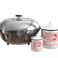 Stainless Steel Steamer Pot and White Mugs with Red Graphic Design Kitchenware Set