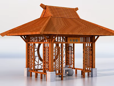 Traditional Chinese Wooden Pavilion With Curved Roof Intricate Carvings Stone Supports And Central Urn 3d model