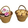 Wicker Baskets Filled With Assorted Donuts And Fresh Bread Rolls 3d model