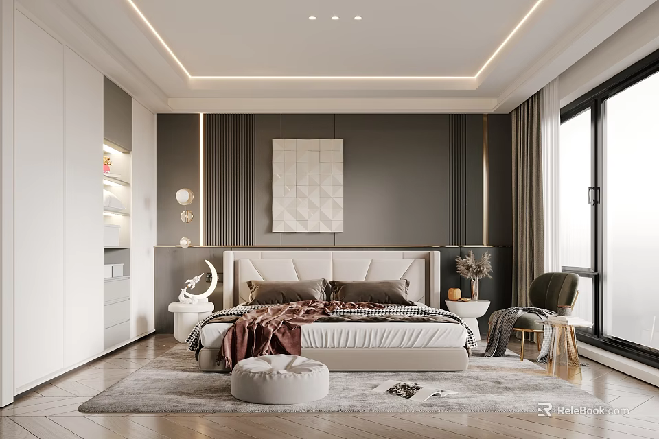 Modern Bedroom Interior Design With Gray Walls White Wardrobe Bed Geometric Art And Green Chair 3d model 