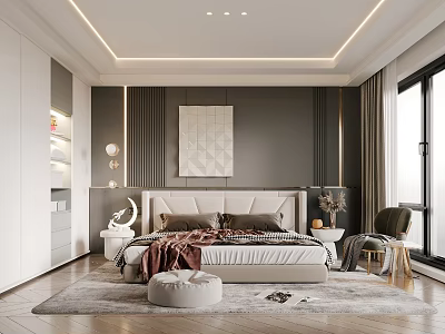 Modern Bedroom Interior Design With Gray Walls White Wardrobe Bed Geometric Art And Green Chair 3d model