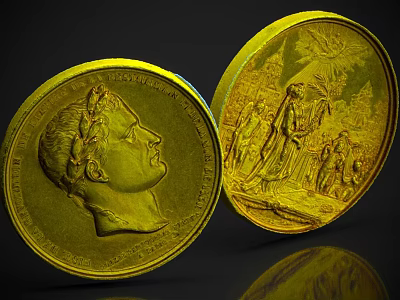 Shiny Golden Coins With Head Portrait And Relief Design Shiny Surface And Engraved Text 3d model